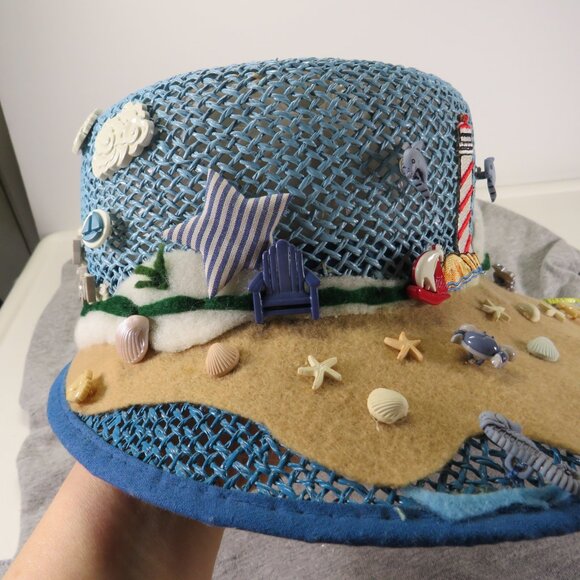 Costal inspired summer hat covered in buttons of sea shells, fish, shark &sun - Picture 5 of 12